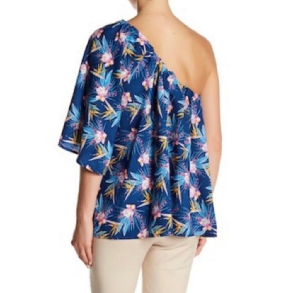RO & DE Blue Pink Floral One Shoulder Blouse Large - Picture 2 of 9